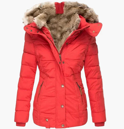 Women's Quilted Winter Jacket Hood Faux Fur Warm