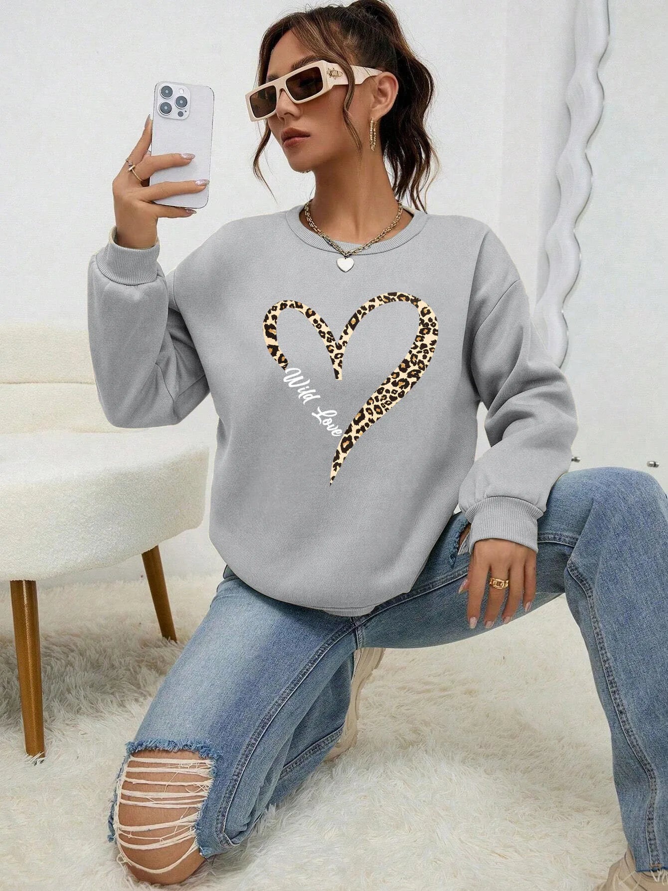 Fashionable Women's Sweat Jacket Leopard Heart Pattern