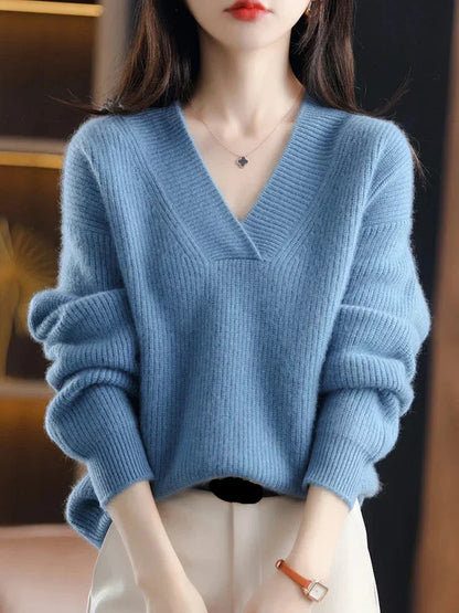 Damen Pullover V-Ausschnitt Langarm Strick