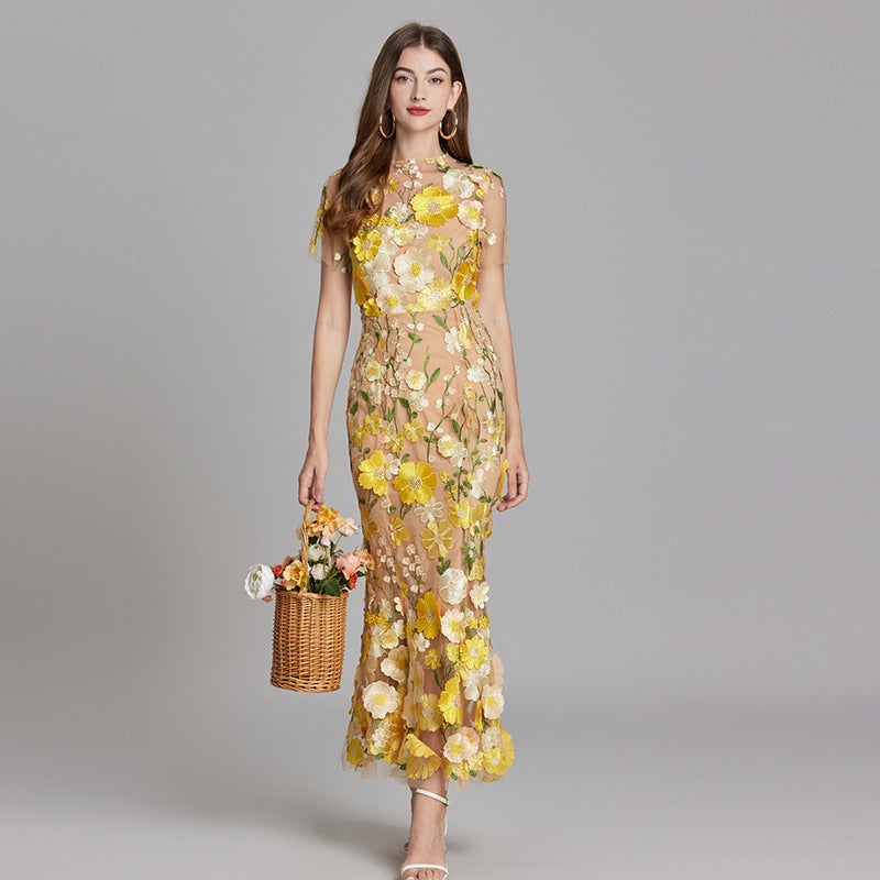 Damen Maxikleid Transparent mit Blumenmuster Elegant - IdealeKleiden