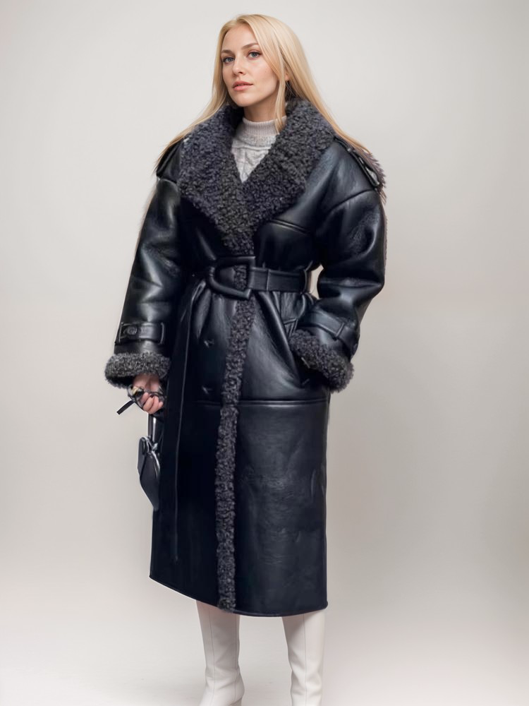 Elegant Coat Faux Leather Fur Trim Warm & Chic