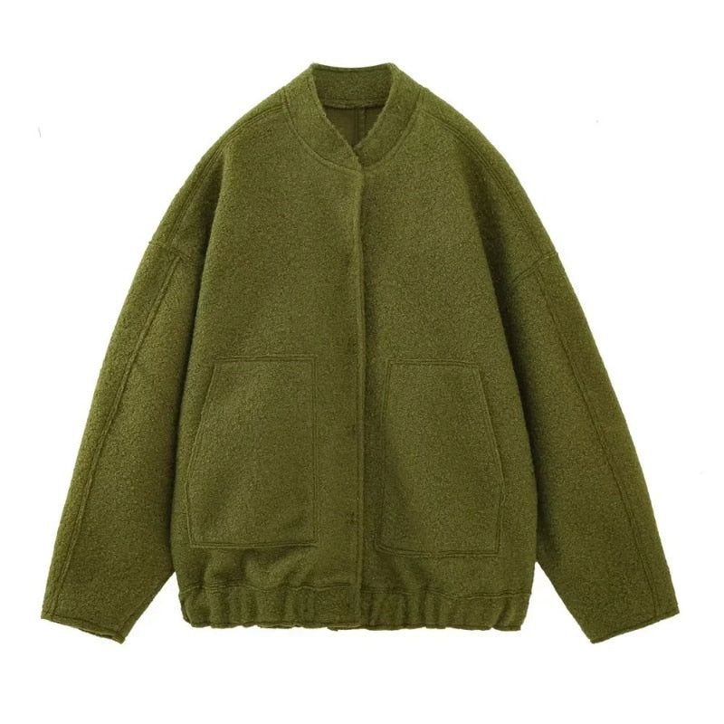 Women's Oversized Wool Coat Round Neck Buttons