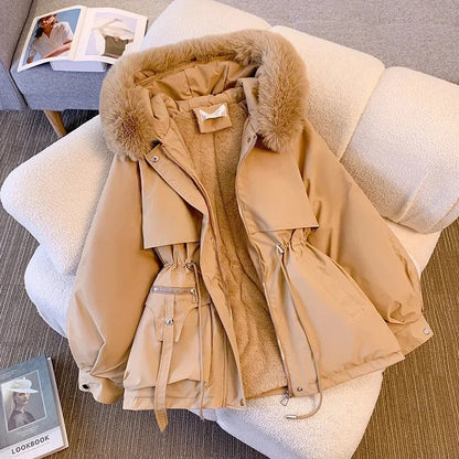 Fashionable Midi Dress Adjustable Faux Fur Hood