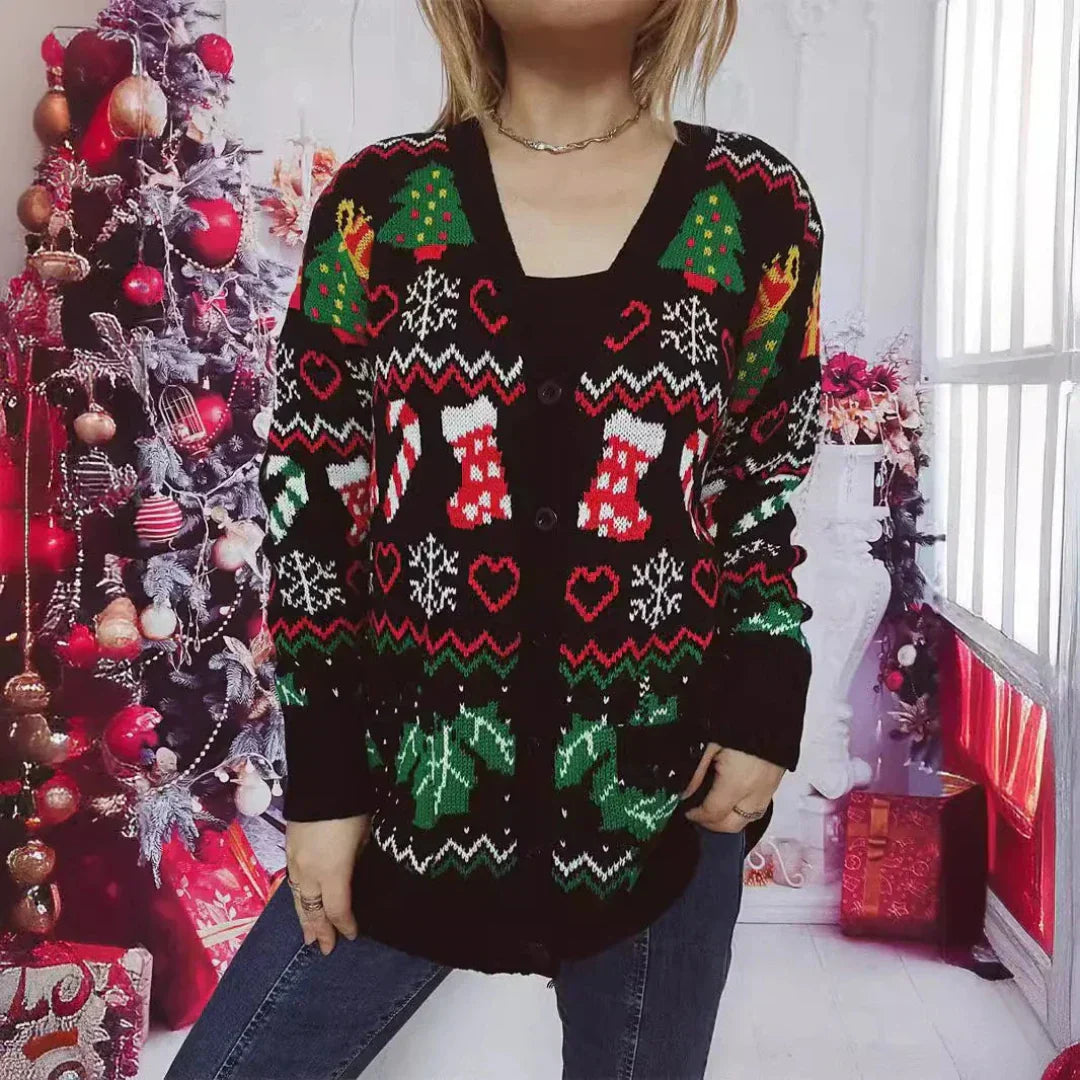 Christmas Cardigan Festive With Buttons V-Neck