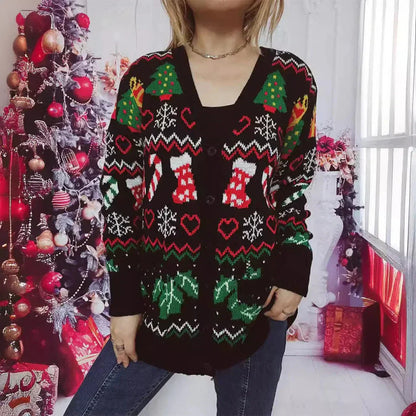 Christmas Cardigan Festive With Buttons V-Neck