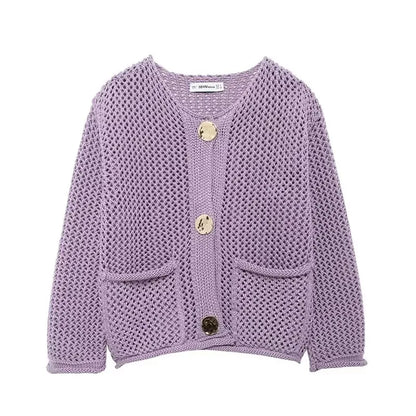 Light knitted cardigan with front pockets and mesh look