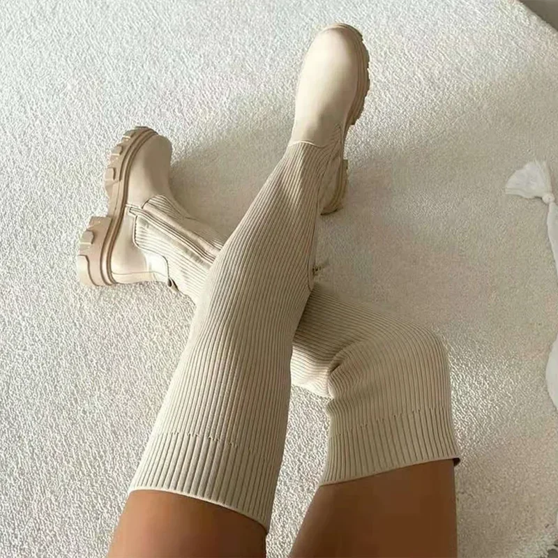 Weiche Strickstiefel Überknie Rundzehen Winter - IdealeKleiden