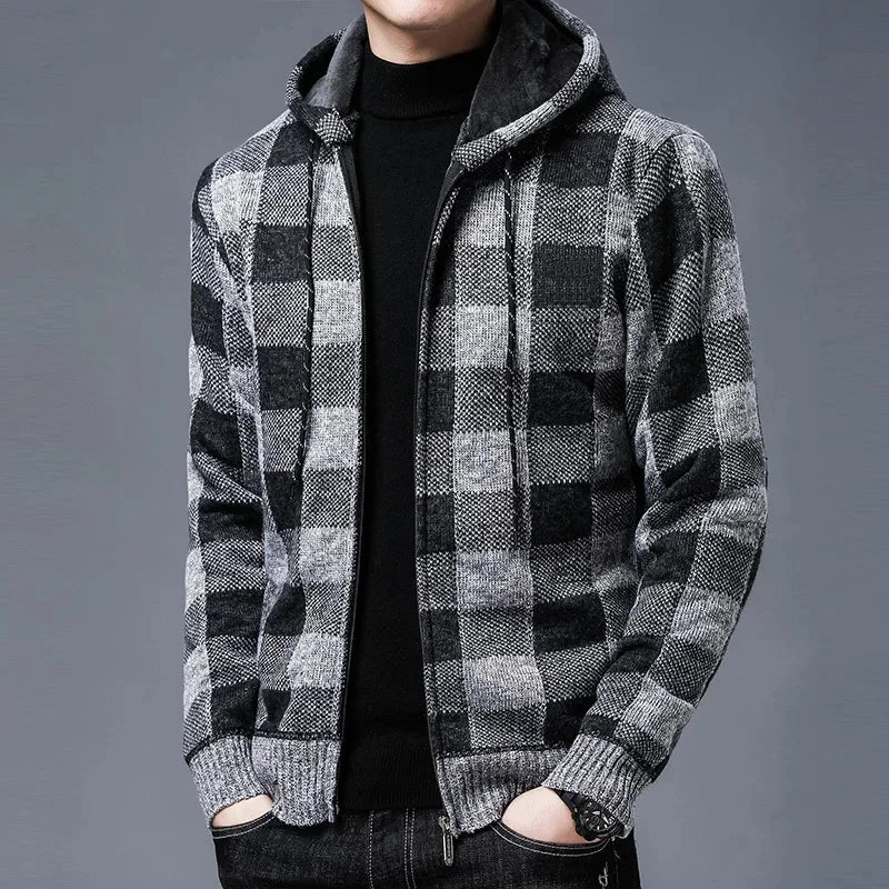 Stylish Plaid Coat Men Hooded