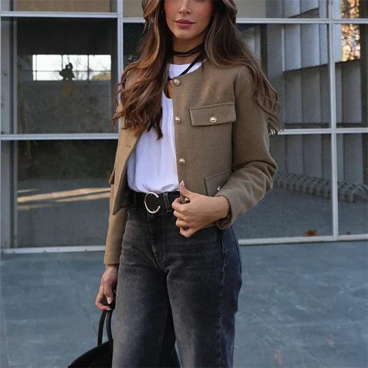 Elegante Damenjacke Bouclé-Stoff Goldknöpfe - IdealeKleiden