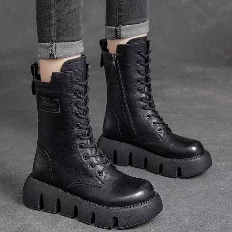 Hohe Damenstiefel Dickes Profil Vintage-Look - IdealeKleiden