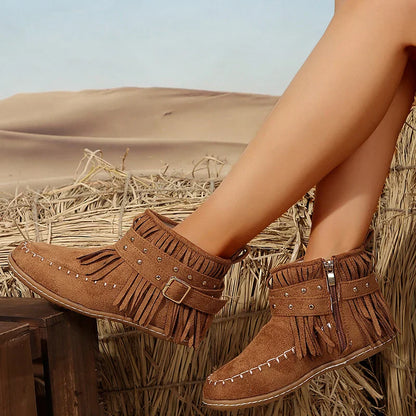 Retro Ankle Boots Suede Buckle Cowboy Style