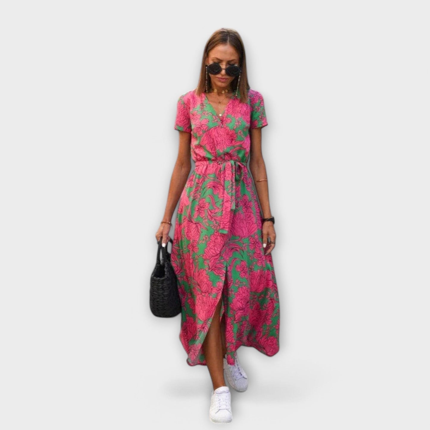 Damen Langkleid Elegant V-Ausschnitt mit Gürtel - IdealeKleiden