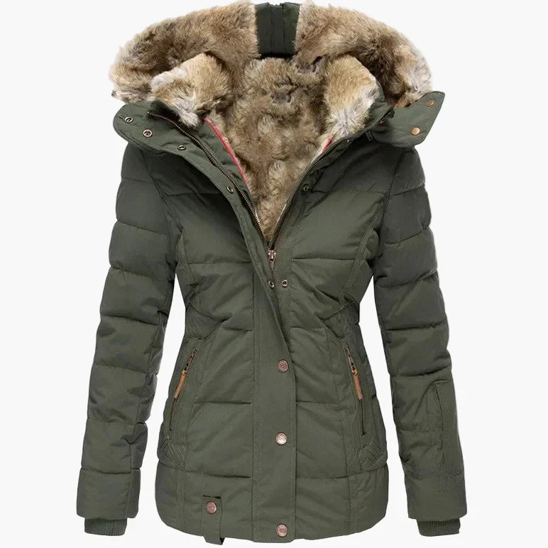Women's Quilted Winter Jacket Hood Faux Fur Warm