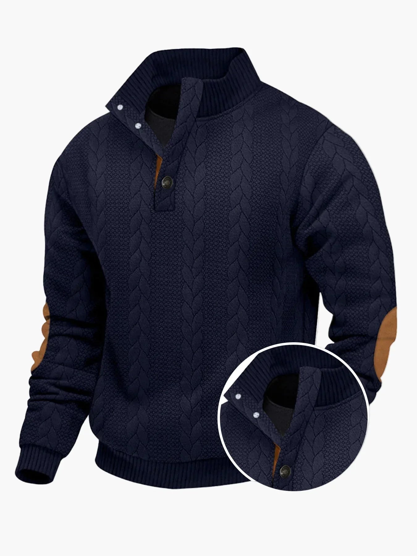 Casual knitted jumper with stand-up collar and patches
