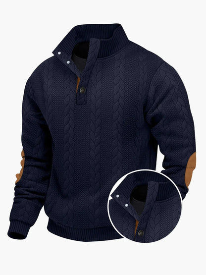 Casual knitted jumper with stand-up collar and patches