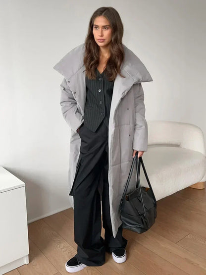 Women's Quilted Long Winter Parka with Belt