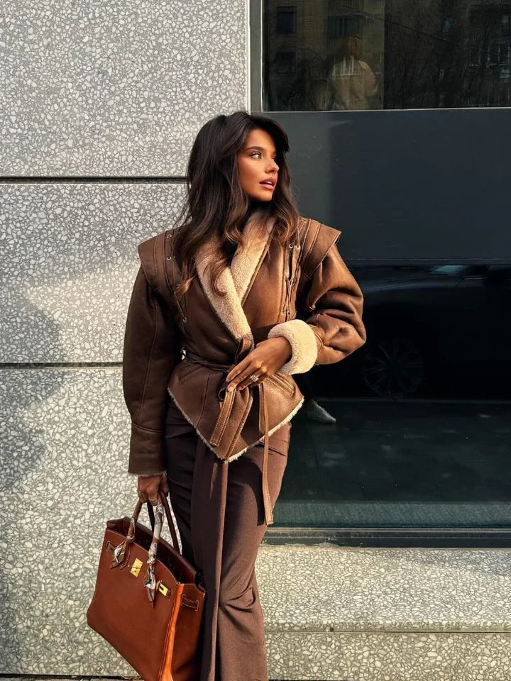Brown Leather Jacket Fur Trimmed With Belt