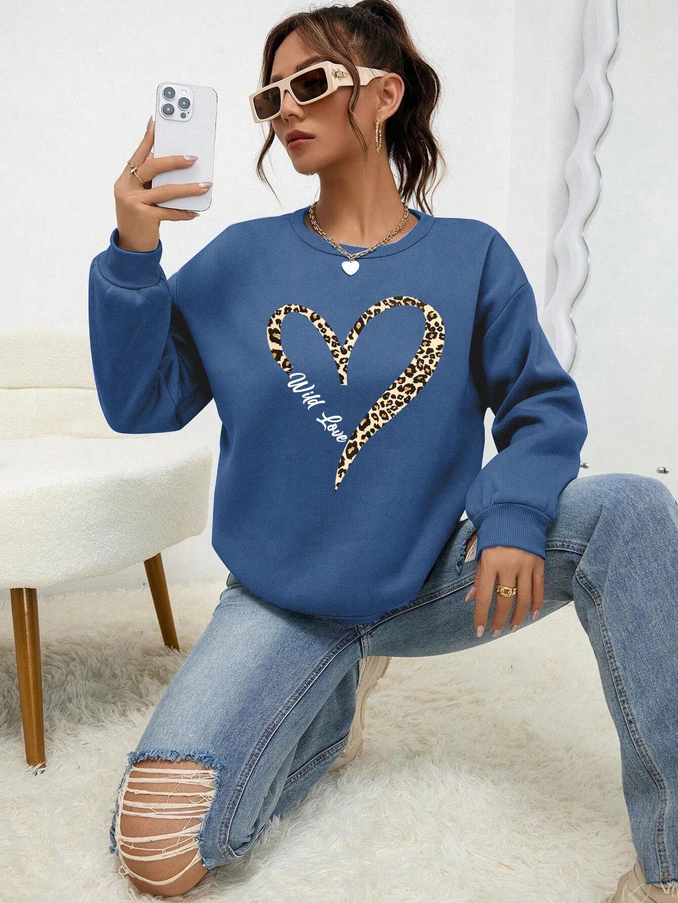 Fashionable Women's Sweat Jacket Leopard Heart Pattern
