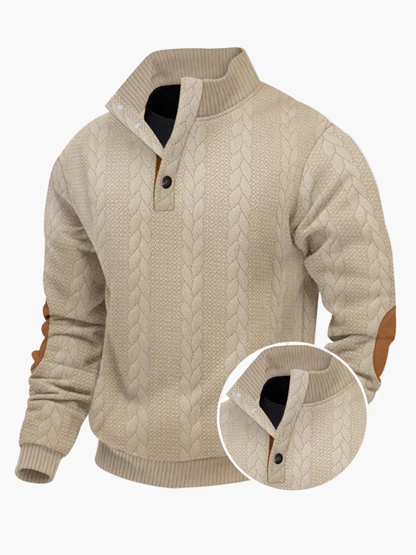 Casual knitted jumper with stand-up collar and patches