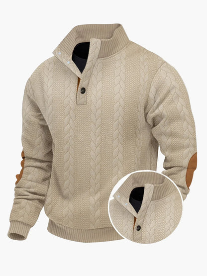 Casual knitted jumper with stand-up collar and patches