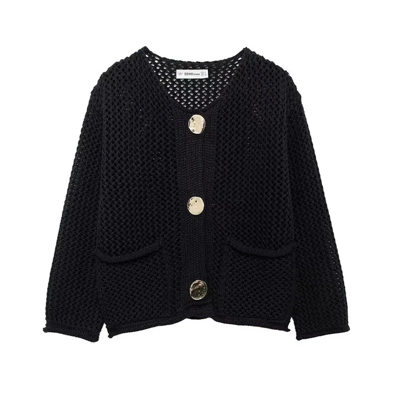 Light knitted cardigan with front pockets and mesh look