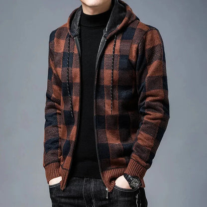 Stylish Plaid Coat Men Hooded