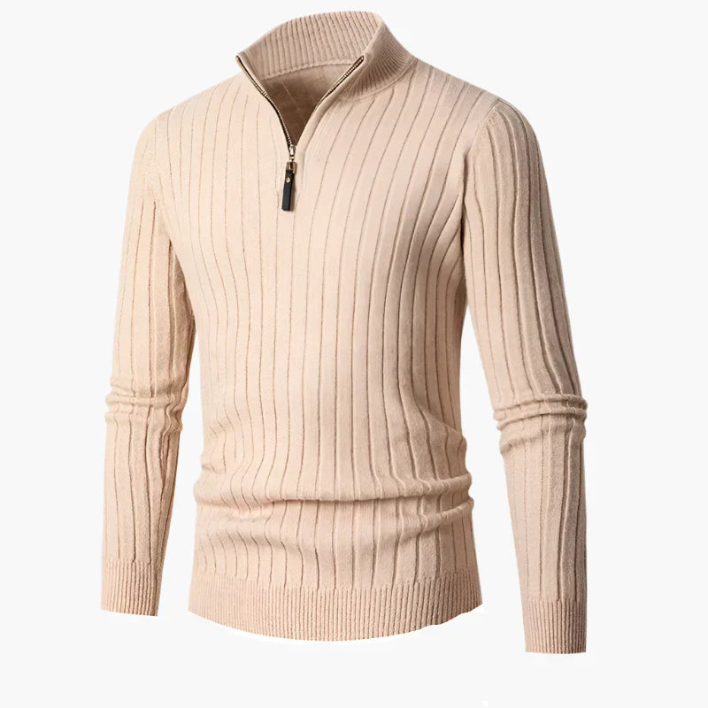 Elegant Knitted Top With Stand-Up Collar And Half-Zip