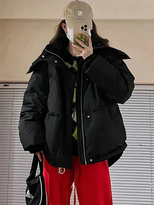 Women's Quilted Winter Jacket with Hood and Zipper