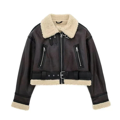 Women's Lambskin Jacket Oversized Warm Wool Lining Zipper