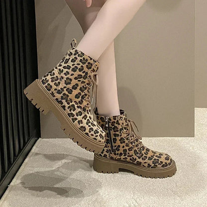 Stylische Kurzstiefel Leopard Muster Dickes Sohlen - IdealeKleiden