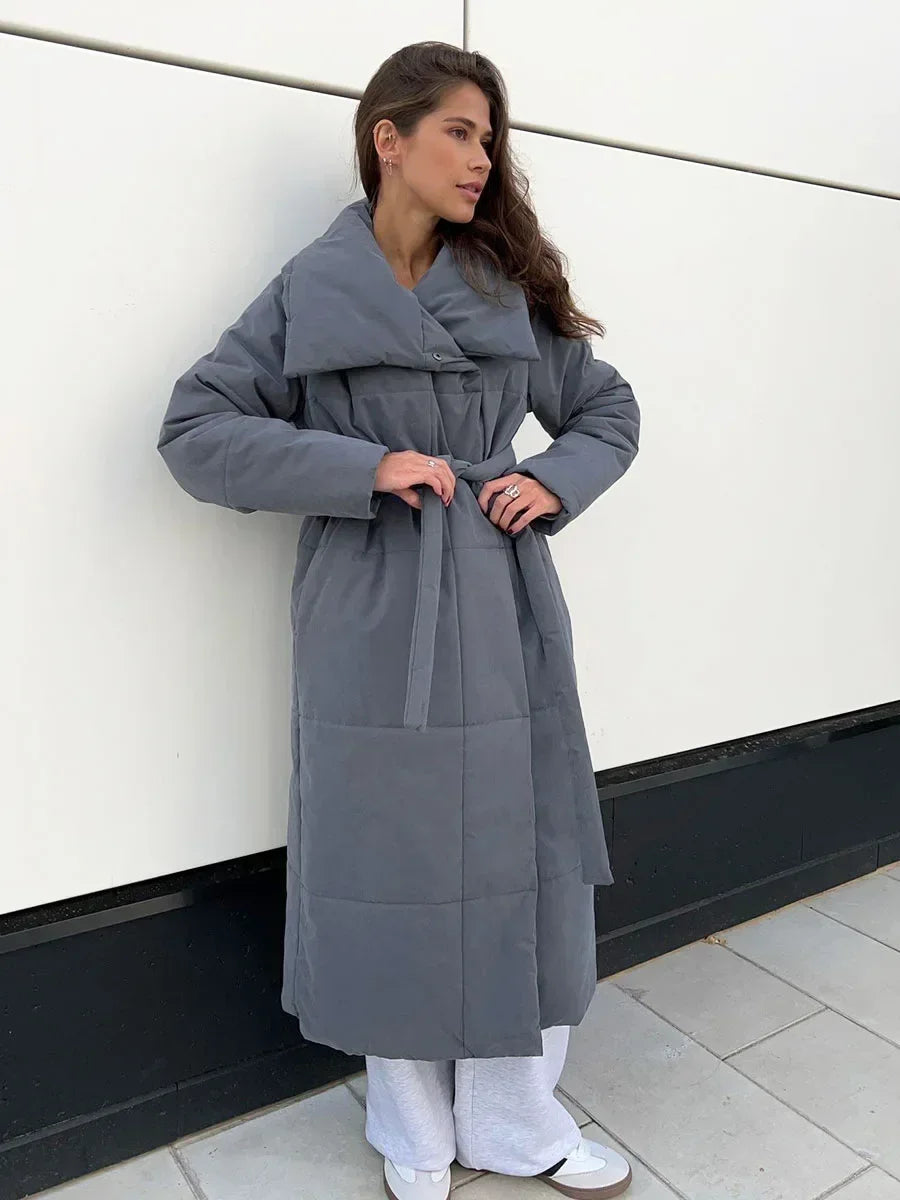 Women's Quilted Long Winter Parka with Belt