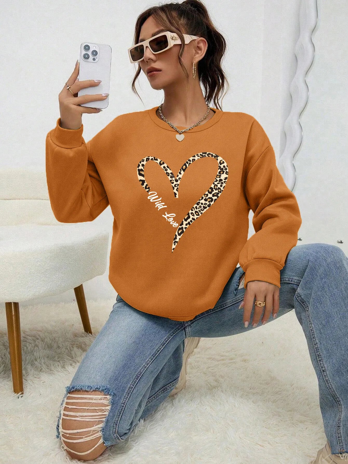Fashionable Women's Sweat Jacket Leopard Heart Pattern