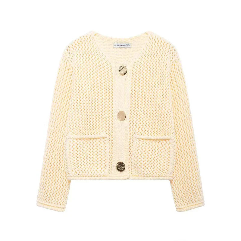 Light knitted cardigan with front pockets and mesh look
