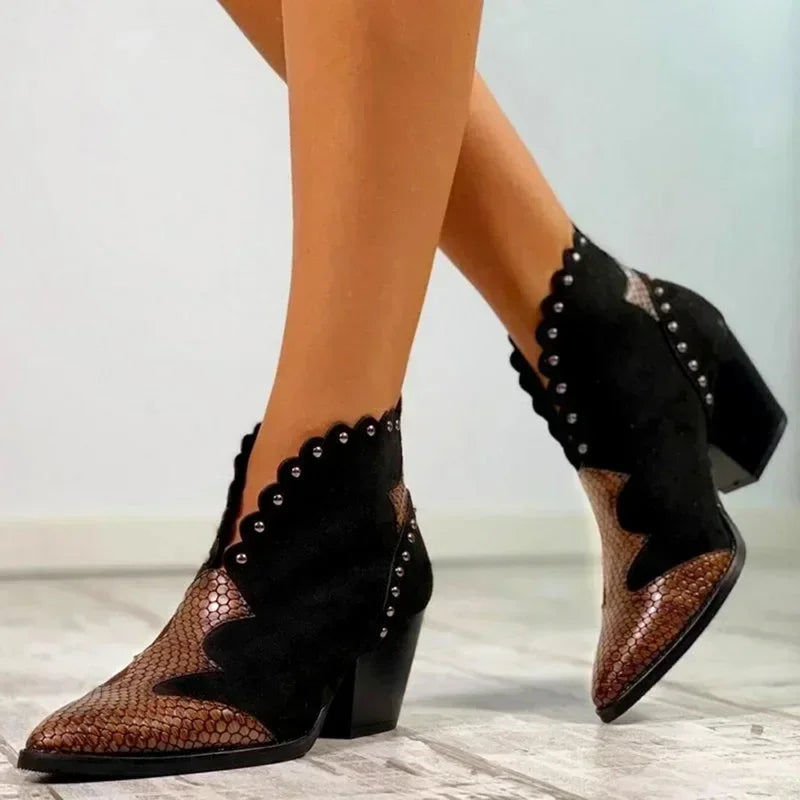 Western Ankle Boots Snake Print Low Heel