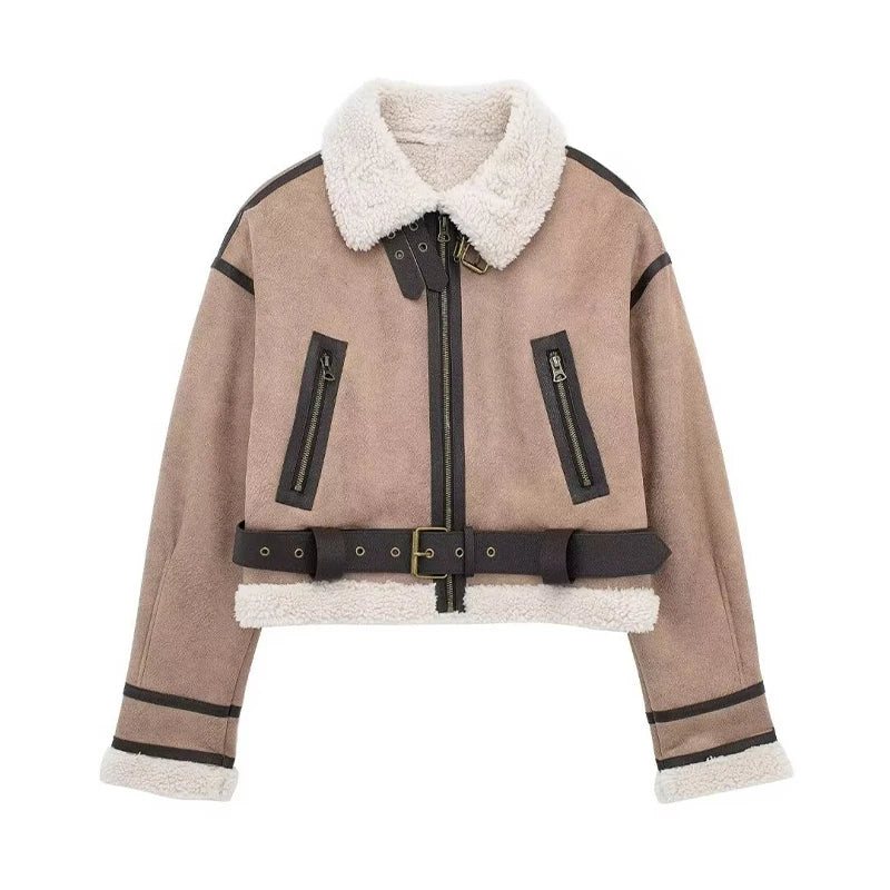 Women's Lambskin Jacket Oversized Warm Wool Lining Zipper