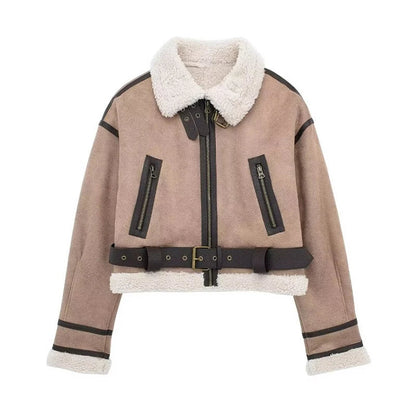 Women's Lambskin Jacket Oversized Warm Wool Lining Zipper