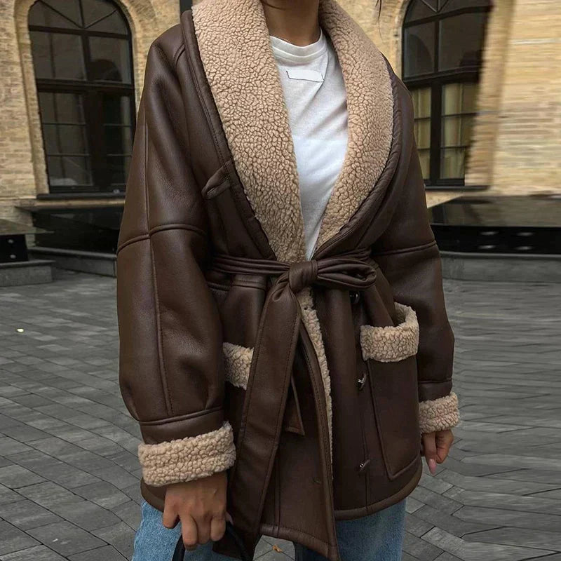 Elegant leather jacket with fur trim