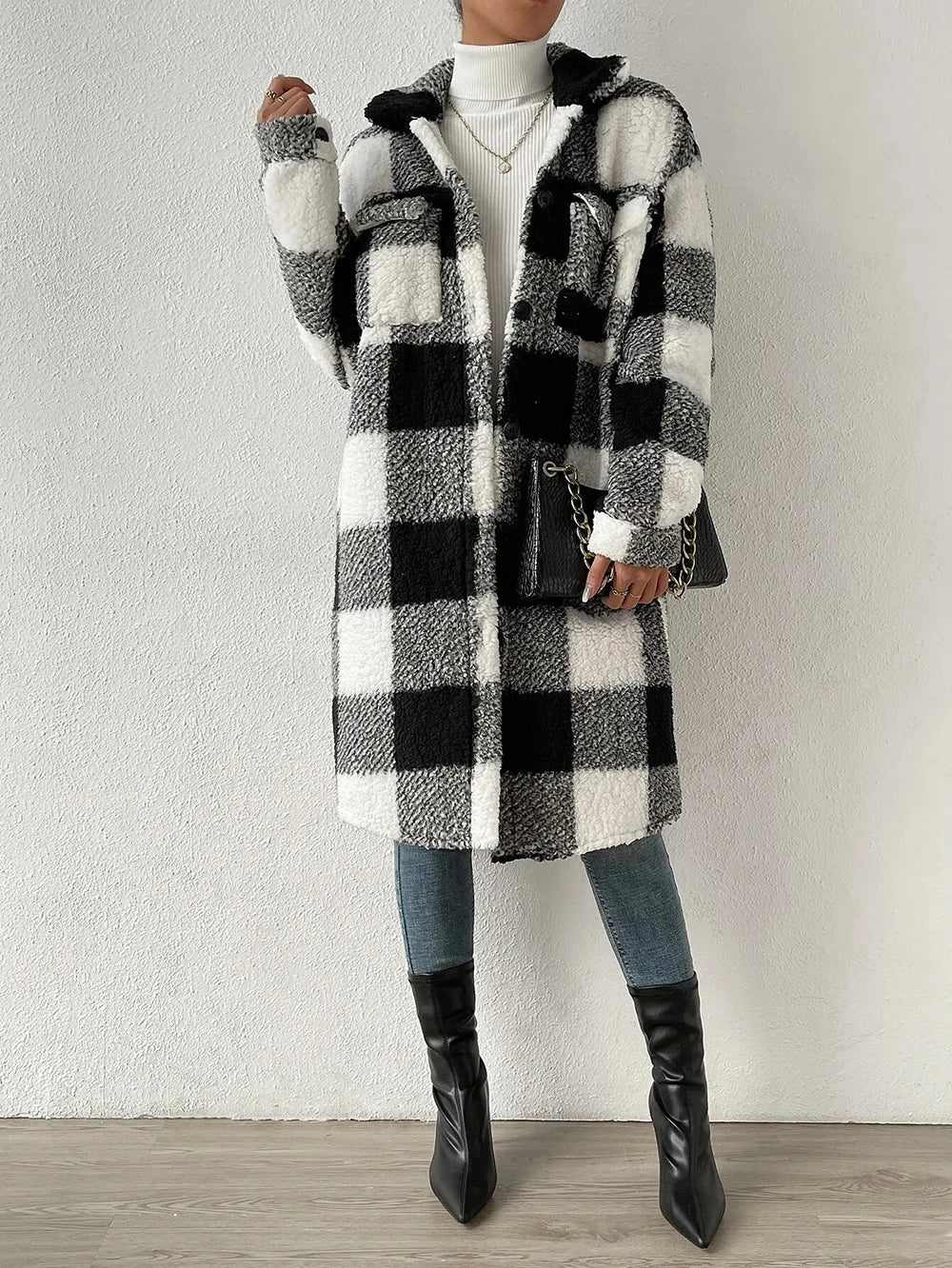 Langer Fleece-Mantel Kariert Warm