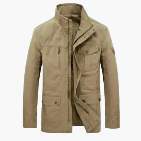 Practical outdoor jacket with stand-up collar and many pockets