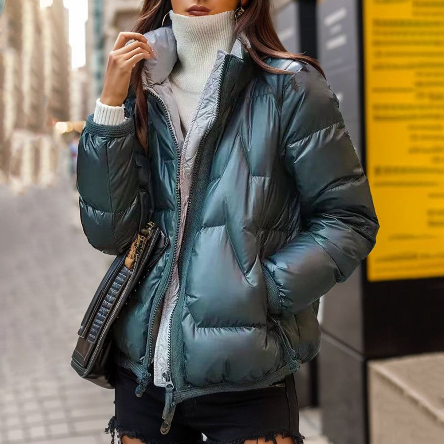 Fashionable Quilted Jacket Shiny Black