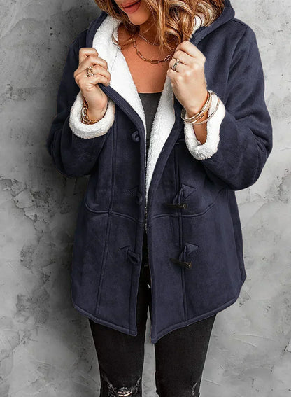 Women's Warm Winter Jacket with Hood and Buttons