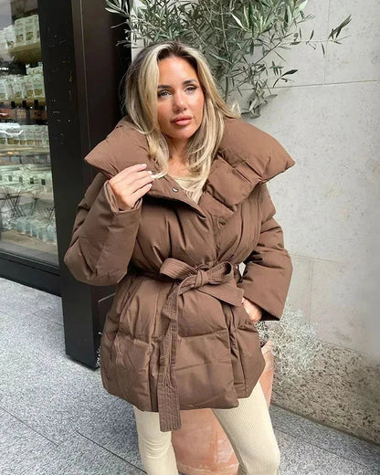 Damen Winterjacke Braun Oversized Gürtel