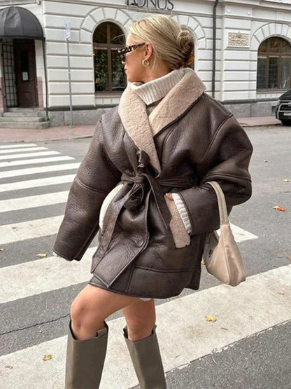 Elegant Ladies' Winter Leather Coat Belt