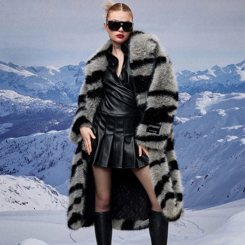 Women's Long Animal Print Fur Coat - Luxury Winter Fashion