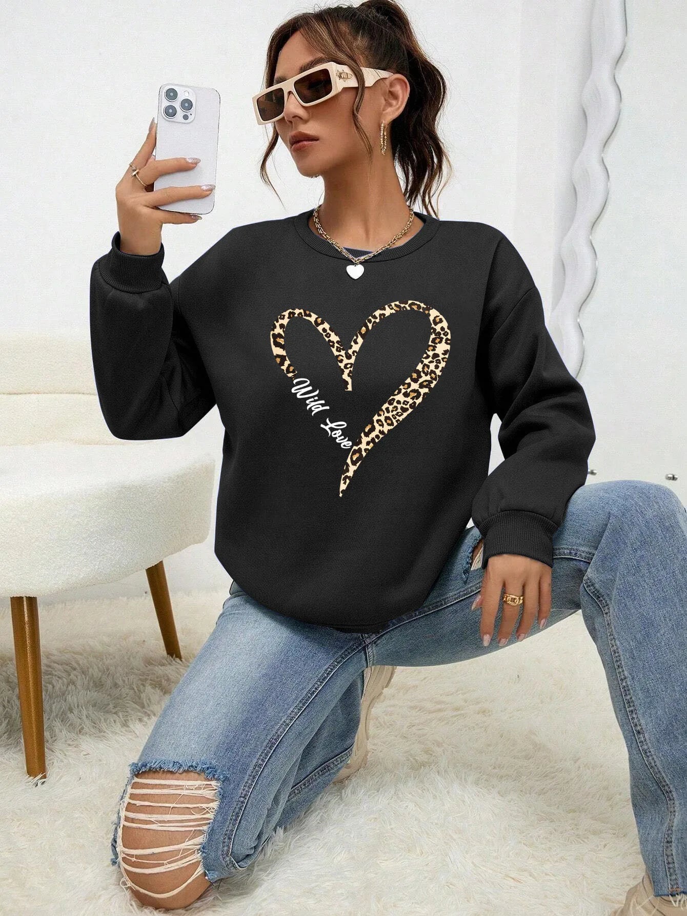 Fashionable Women's Sweat Jacket Leopard Heart Pattern