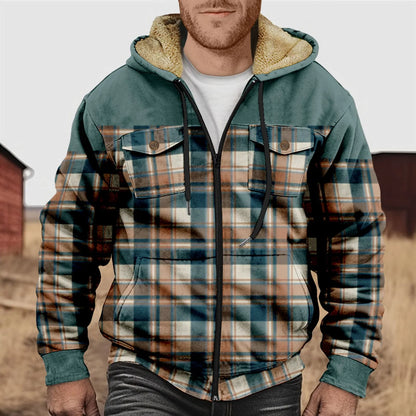Men's Flannel Plaid Fleece Warm Hooded Shirt