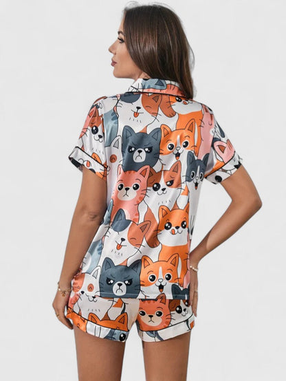 Damen Pyjama Set Katzenmuster Süß - IdealeKleiden