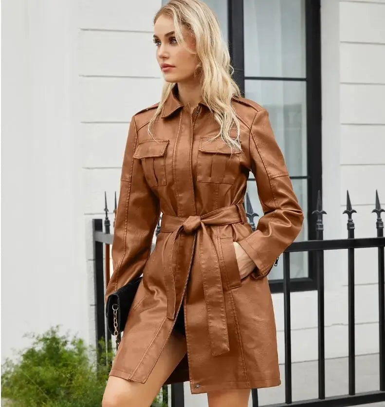Faux Leather Elegant Long-Sleeved Dress