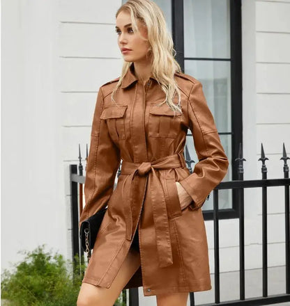 Faux Leather Elegant Long-Sleeved Dress