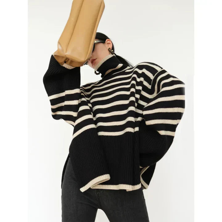 Übergrößer Pullover Hoher Kragen Streifen - IdealeKleiden